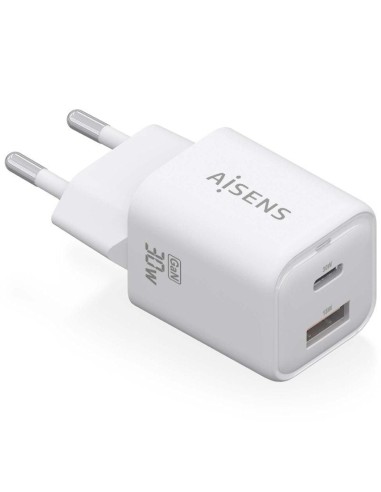 h2AISENS CARGADOR GaN 30W 1xUSB C PD30 QC40 1xUSB A QC30 BLANCO h2pCargador GaN USB C 30W para cargar portatiles moviles camara