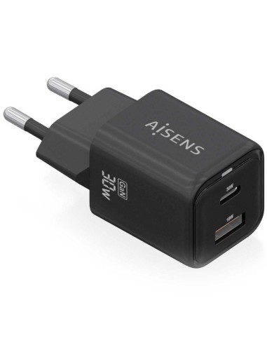 ph2AISENS CARGADOR GaN 30W 1xUSB C PD30 QC40 1xUSB A QC30 NEGRO h2pCargador GaN USB C 30W para cargar portatiles moviles camara