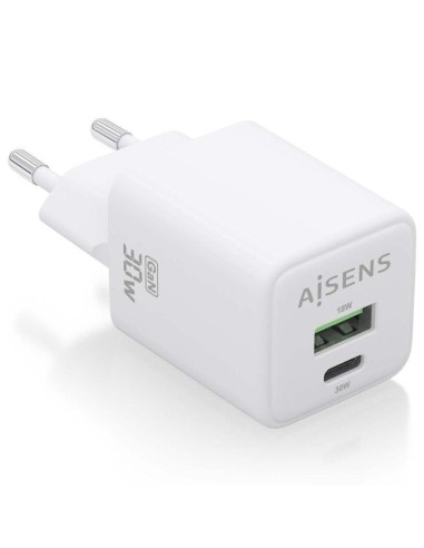 h2AISENS CARGADOR GaN 30W 1xUSB C PD30 QC40 1xUSB A QC30 BLANCO h2pCargador GaN USB C 30W para cargar portatiles moviles camara