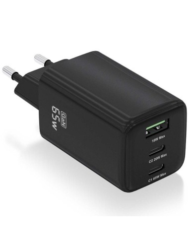 ph2AISENS CARGADOR GaN 65W 2xUSB C PD30 QC40 1xUSB A QC30 NEGRO h2pCargador GaN USB C 65W para cargar portatiles moviles camara