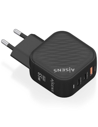 h2AISENS CARGADOR GaN 65W 2xUSB C PD30 QC40 1xUSB A QC30 NEGRO h2pCargador GaN USB C 65W para cargar portatiles moviles camaras