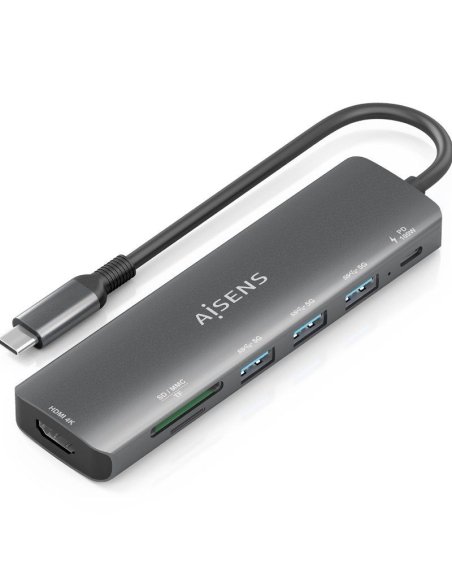 ph2strongAISENS USB C DOCK 7 EN 1 USB C A 1xHDMI 3xUSB A 1xUSB C PD 100W 1xSD 1xMICRO SD GRIS 15CM strong h2pConversor USB C a 