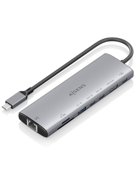 h2ASUC 8P033 GR 8211 USB C Dock 8 en 1 USB C a 1xHDMI 1xRJ45 1xUSB A 10G 2xUSB C 10G 1xSD 1xMicro SD 1xUSB C PD 100W Gris 20CM 