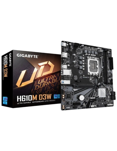 h2Placa Base Gigabyte H610M D3W DDR5 h2Placa base Intel H610 Micro ATXLa placa base Intel H610 esta disenada para ofrecer fiabi