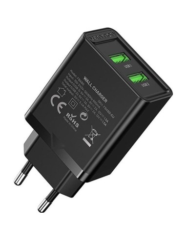 ph2Cargador de pared Vention de 2 puertos USB AA 18 W Negro h2pCargador de red con soporte de carga rapida potencia total 18 W 